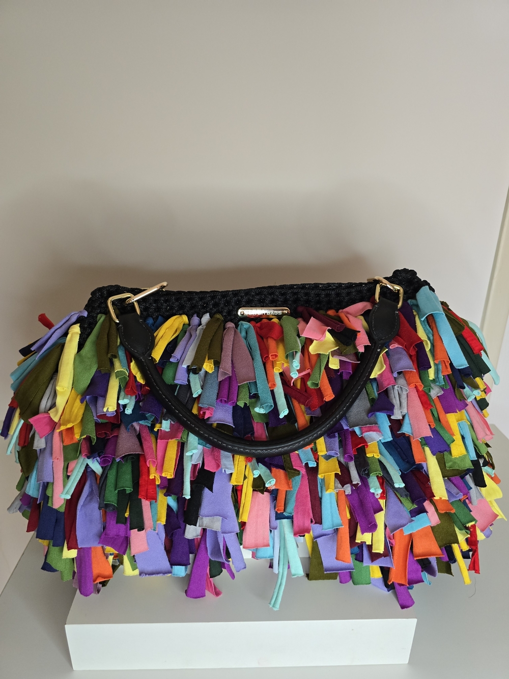 Hand Crafted Colorful Fringe Crochet Oversize Bag with Black Leather Handle - Picture 3 of 8
